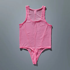 flat lay of pink sheer mesh high-cut leotard showing see-through stretch fabric and elastic trim, pink color – pridevoyageshop.com – gay men’s harness, lingerie and fetish wear