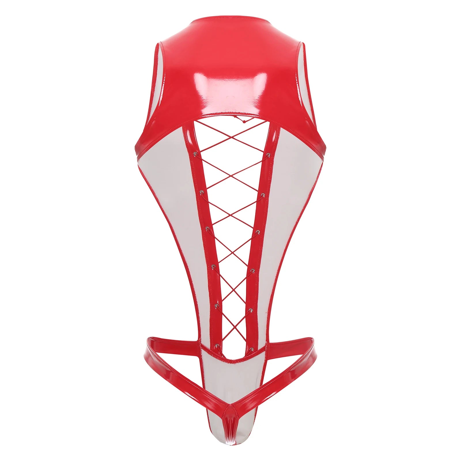 flat lay of red wet-look corset teddy with glossy latex-effect finish, cinched waist and thong back, red color – pridevoyageshop.com – gay men’s harness, lingerie and fetish wear