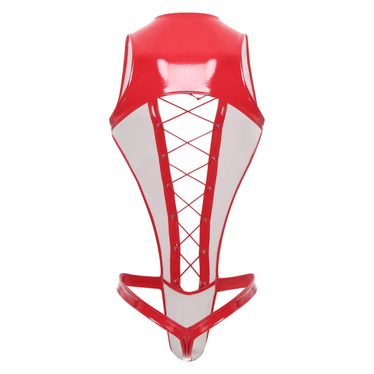 flat lay of red wet-look corset teddy with glossy latex-effect finish, cinched waist and thong back, red color – pridevoyageshop.com – gay men’s harness, lingerie and fetish wear
