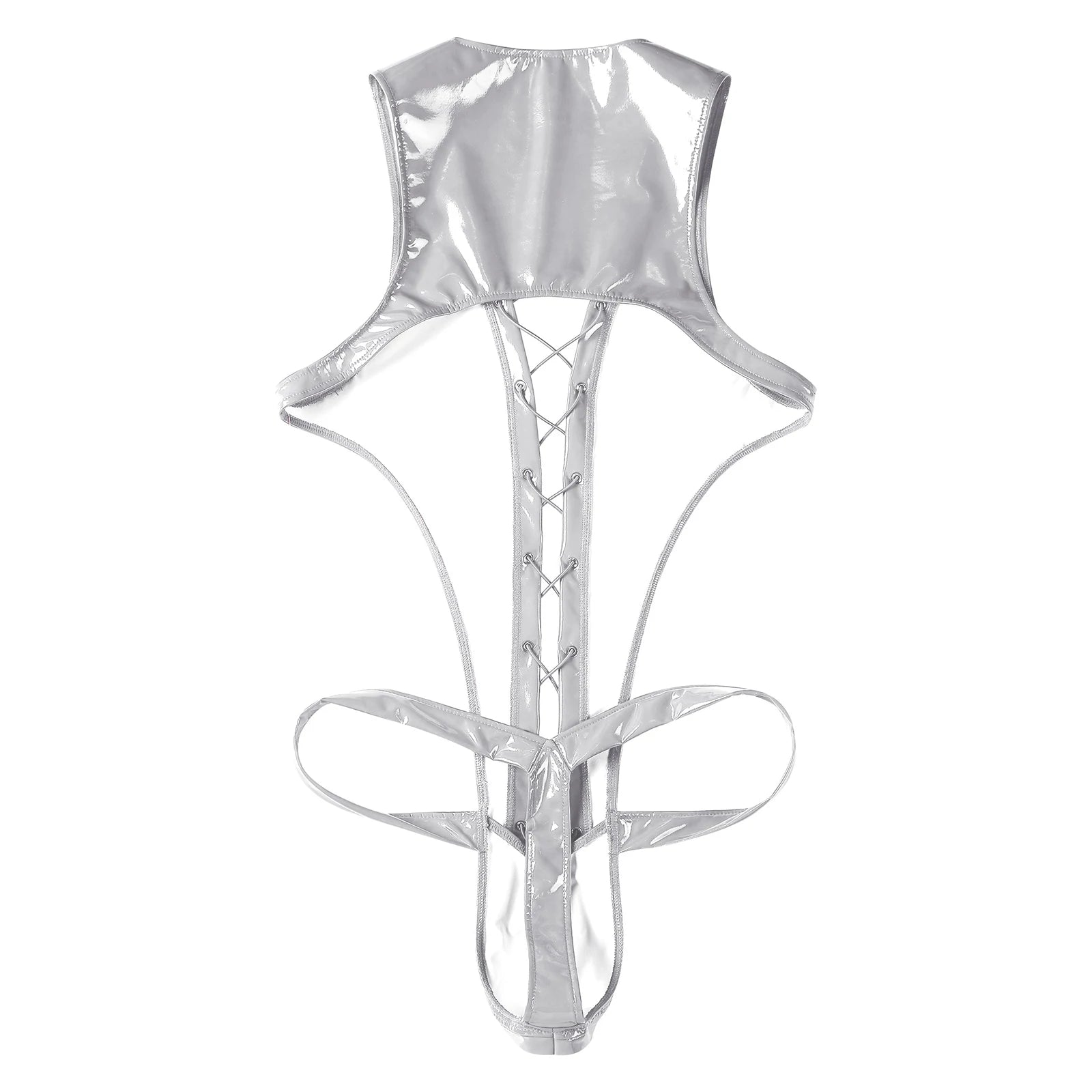 flat lay of silver wet-look corset teddy with glossy latex-effect finish, cinched waist and thong back, silver color – pridevoyageshop.com – gay men’s harness, lingerie and fetish wear