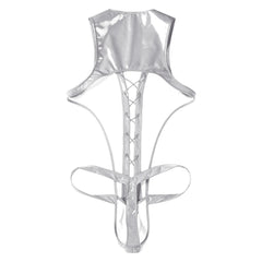 flat lay of silver wet-look corset teddy with glossy latex-effect finish, cinched waist and thong back, silver color – pridevoyageshop.com – gay men’s harness, lingerie and fetish wear