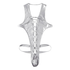 flat lay of silver wet-look corset teddy with glossy latex-effect finish, cinched waist and thong back, silver color – pridevoyageshop.com – gay men’s harness, lingerie and fetish wear