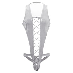flat lay of silver wet-look corset teddy with glossy latex-effect finish, cinched waist and thong back, silver color – pridevoyageshop.com – gay men’s harness, lingerie and fetish wear