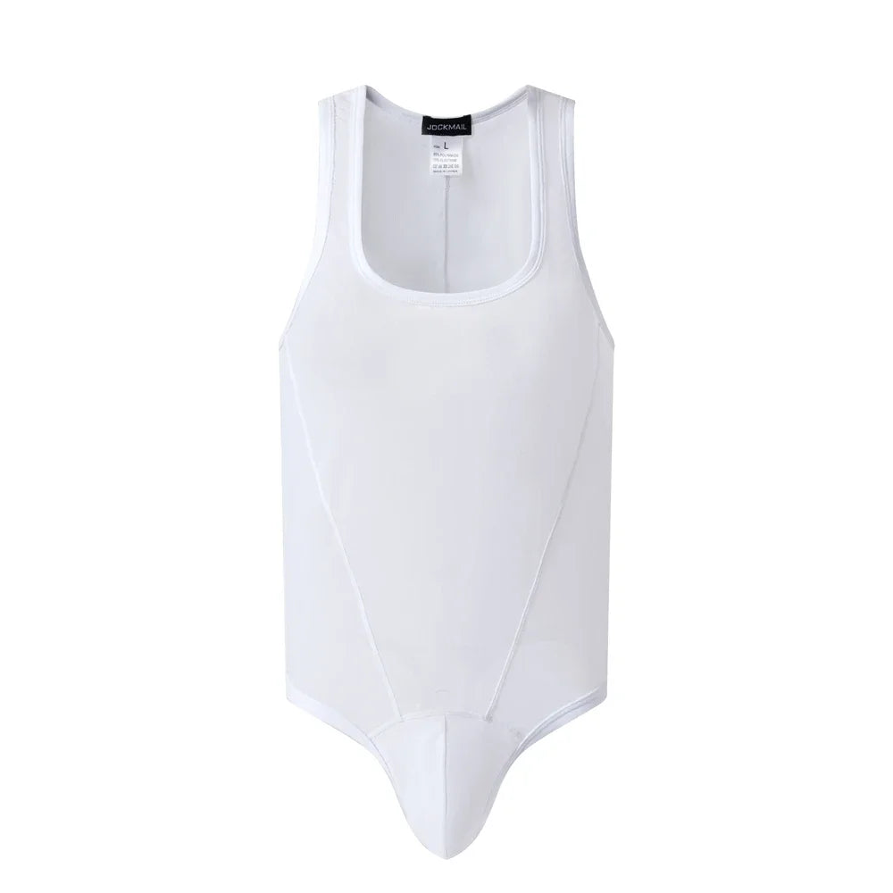 flat lay of white sheer mesh high-cut leotard showing see-through stretch fabric and elastic trim, white color – pridevoyageshop.com – gay men’s harness, lingerie and fetish wear