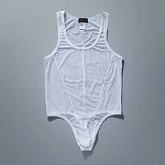 flat lay of white sheer mesh high-cut leotard showing see-through stretch fabric and elastic trim, white color – pridevoyageshop.com – gay men’s harness, lingerie and fetish wear