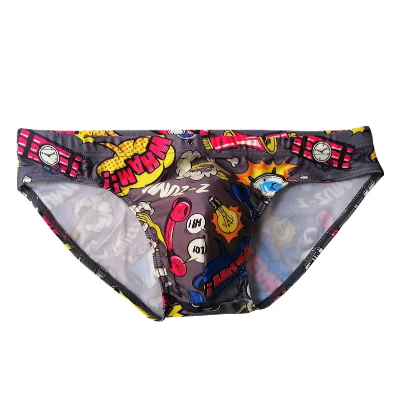 gray Men’s Comic Crotch Swim Briefs - pridevoyageshop.com - gay men’s sexy swim briefs, trunks, board shorts, and bikinis
