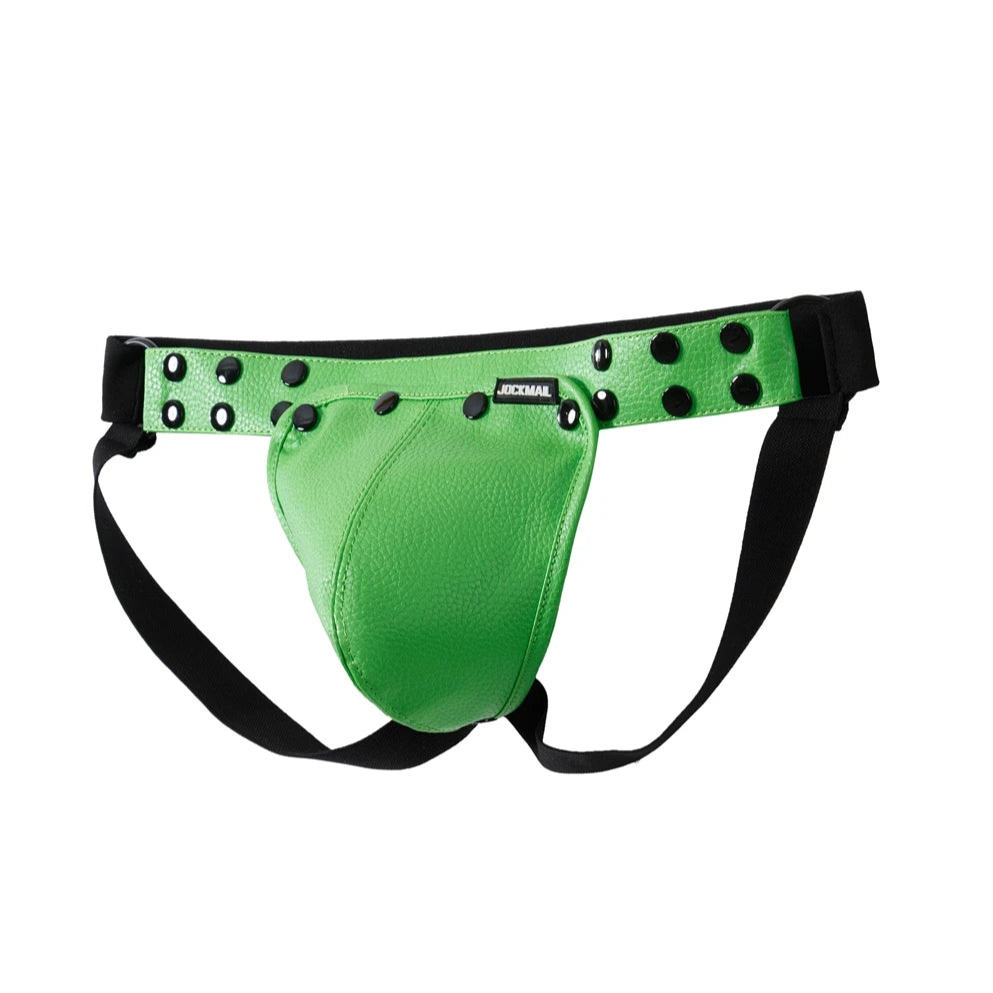 green Men’s Studded PU Leather Removable Pouch Jockstrap - pridevoyageshop.com - gay men’s thongs, boxers, briefs and jockstraps