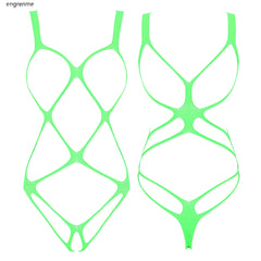 green web-mesh bodysuit flat lay, strappy cut-outs and stretchy mesh fabric – pridevoyageshop.com – gay men’s harness, lingerie and fetish wear
