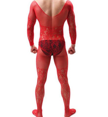 sexy gay man in Men's Red Lace and Fishnet Bodysuit | Gay Lingerie - pridevoyageshop.com - gay men’s bodystocking, lingerie, fishnet and fetish wear