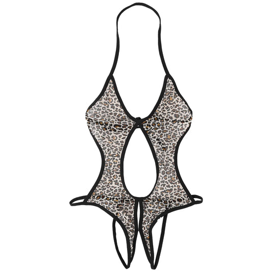 leopard lace-up bodysuit flat lay, sheer mesh body, corset lace front, high-leg cut – pridevoyageshop.com – gay men’s harness, lingerie and fetish wear