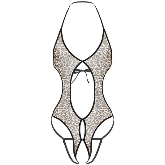 leopard lace-up bodysuit flat lay, sheer mesh body, corset lace front, high-leg cut – pridevoyageshop.com – gay men’s harness, lingerie and fetish wear