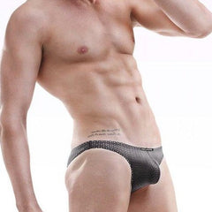 a hot gay man in gray Gay Men's Mesh Skinny Bikini Briefs - pridevoyageshop.com - gay men’s underwear and swimwear