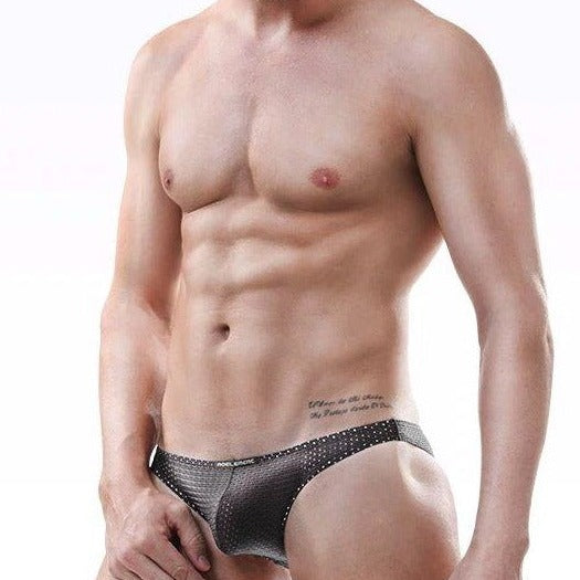 a hot gay man in gray Gay Men's Mesh Skinny Bikini Briefs - pridevoyageshop.com - gay men’s underwear and swimwear