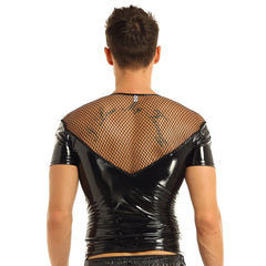 muscular man wearing a black deep v zip mesh tee posing indoors pridevoyageshopcom gay mens mesh tops clubwear fashion tops activewear gym tank tops