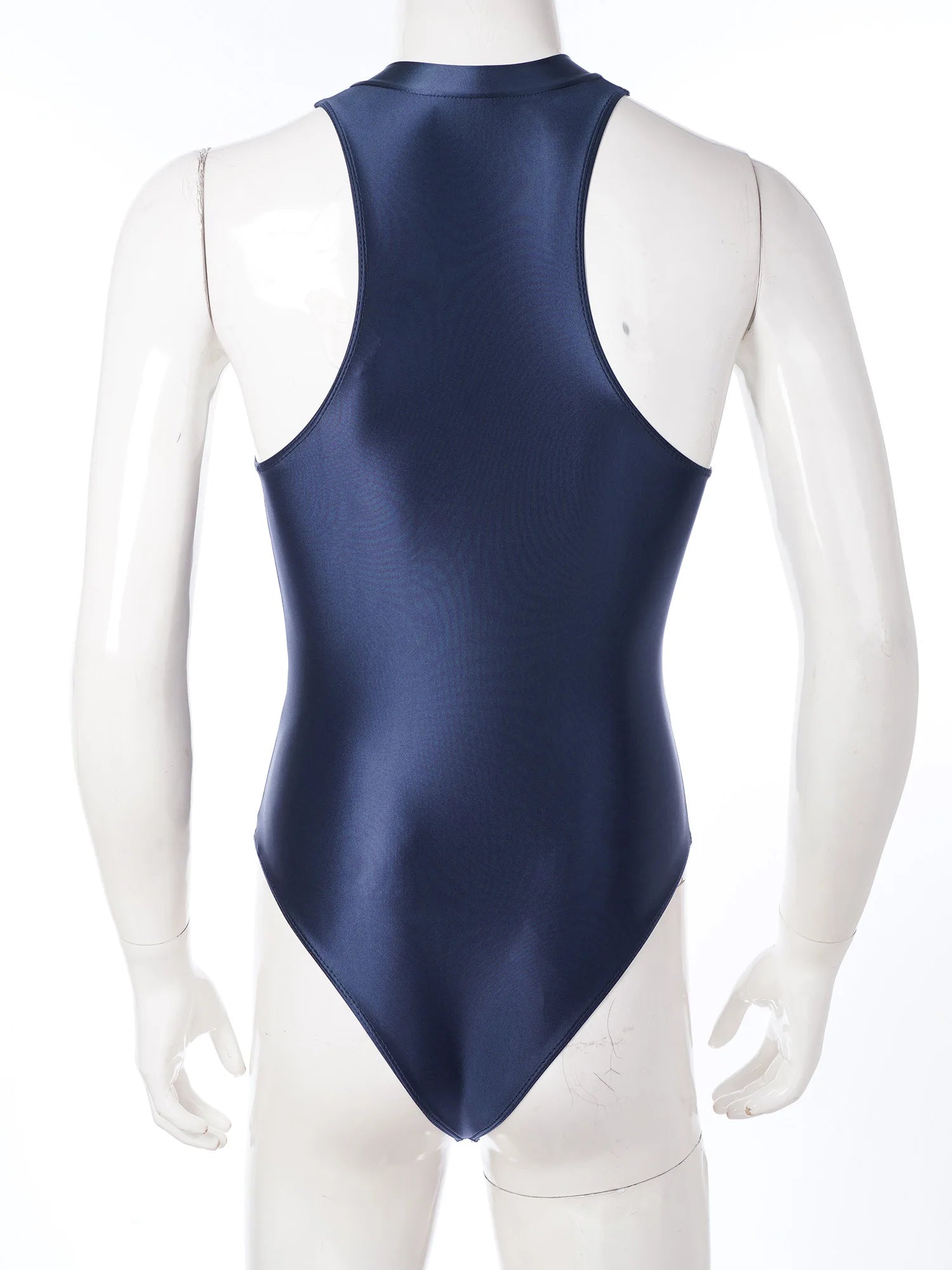 navy blue Riptide Zip Racer Leotard flat-lay with front zipper and athletic contour panels – pridevoyageshop.com – gay men’s harness, lingerie and fetish wear