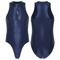 navy blue Riptide Zip Racer Leotard flat-lay with front zipper and athletic contour panels – pridevoyageshop.com – gay men’s harness, lingerie and fetish wear