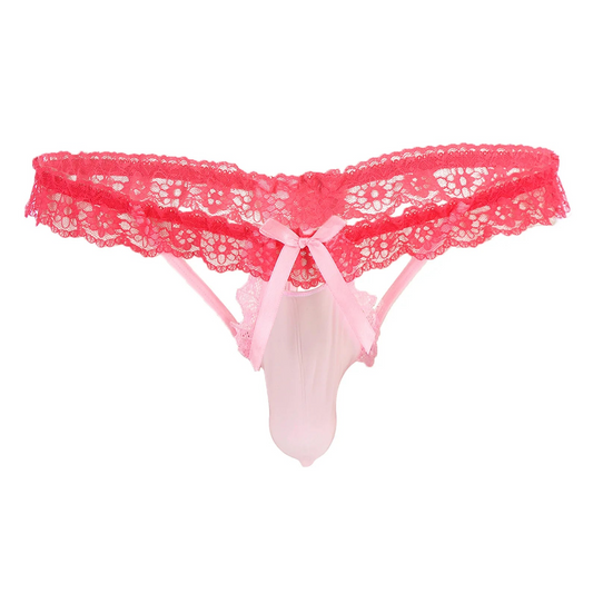 pink Men’s Sissy Bow Lace Ruffle Thong - pridevoyageshop.com - gay men’s thongs, boxers, briefs and jockstraps