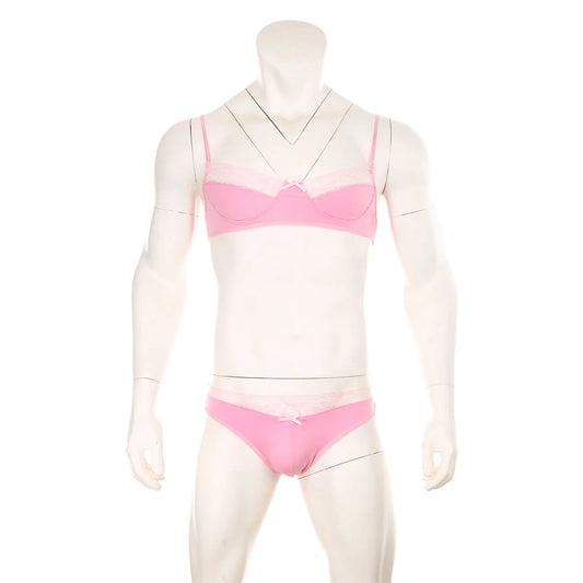 pink lace Good Boy bralette and brief set product flat lay, floral lace fabric, stretch trim bralette, cheeky lace brief – pridevoyageshop.com – gay men’s harness, lingerie and fetish wear