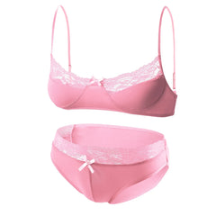 pink lace Good Boy bralette and brief set product flat lay, floral lace fabric, stretch trim bralette, cheeky lace brief – pridevoyageshop.com – gay men’s harness, lingerie and fetish wear