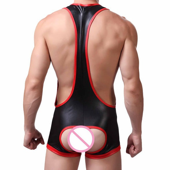 sexy gay man in black Gay Singlet and Bodysuit | Kinky Open Butt PU Leather Singlet - Men's Singlets, Bodysuits, Rompers & Jumpsuits - pridevoyageshop.com