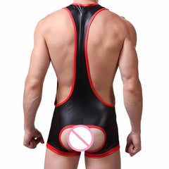 sexy gay man in black Gay Singlet and Bodysuit | Kinky Open Butt PU Leather Singlet - Men's Singlets, Bodysuits, Rompers & Jumpsuits - pridevoyageshop.com