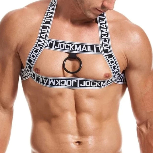 a man in White Jockmail Letter Elastic Chest Harness: Men's Clubwear and Gay Lingerie- pridevoyageshop.com - gay men’s harness, lingerie and fetish wear