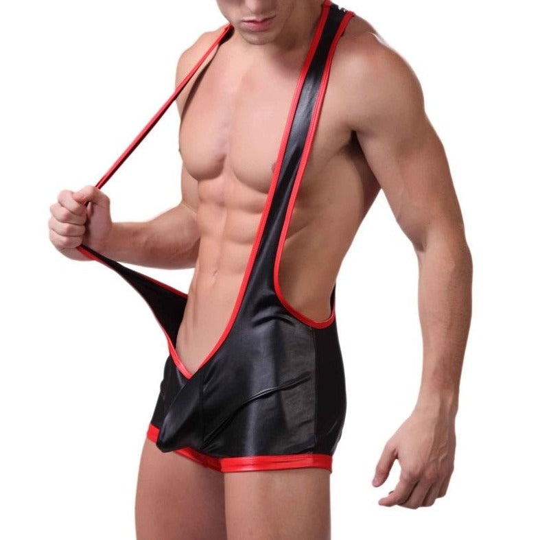 sexy gay man in black Gay Singlet and Bodysuit | Kinky Open Butt PU Leather Singlet - Men's Singlets, Bodysuits, Rompers & Jumpsuits - pridevoyageshop.com