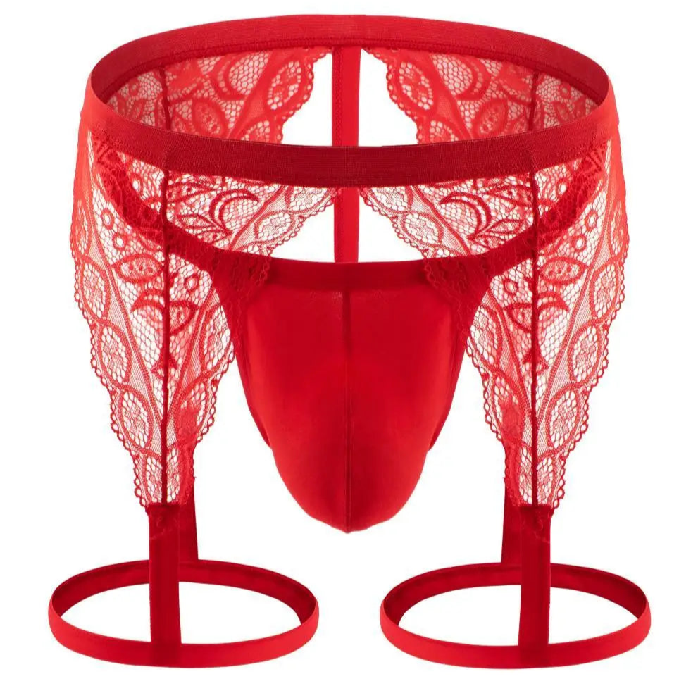 red Men’s Lace Suspender Garter Thong - pridevoyageshop.com - gay men’s thongs, boxers, briefs and jockstraps