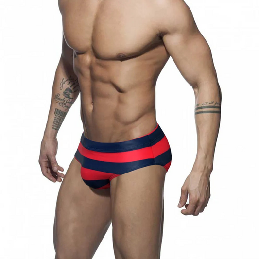 red Men’s Spank Me Striped Swim Briefs - pridevoyageshop.com - gay men’s sexy swim briefs, trunks, board shorts, and bikinis