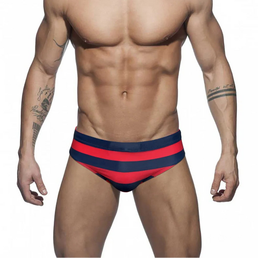 red Men’s Spank Me Striped Swim Briefs - pridevoyageshop.com - gay men’s sexy swim briefs, trunks, board shorts, and bikinis