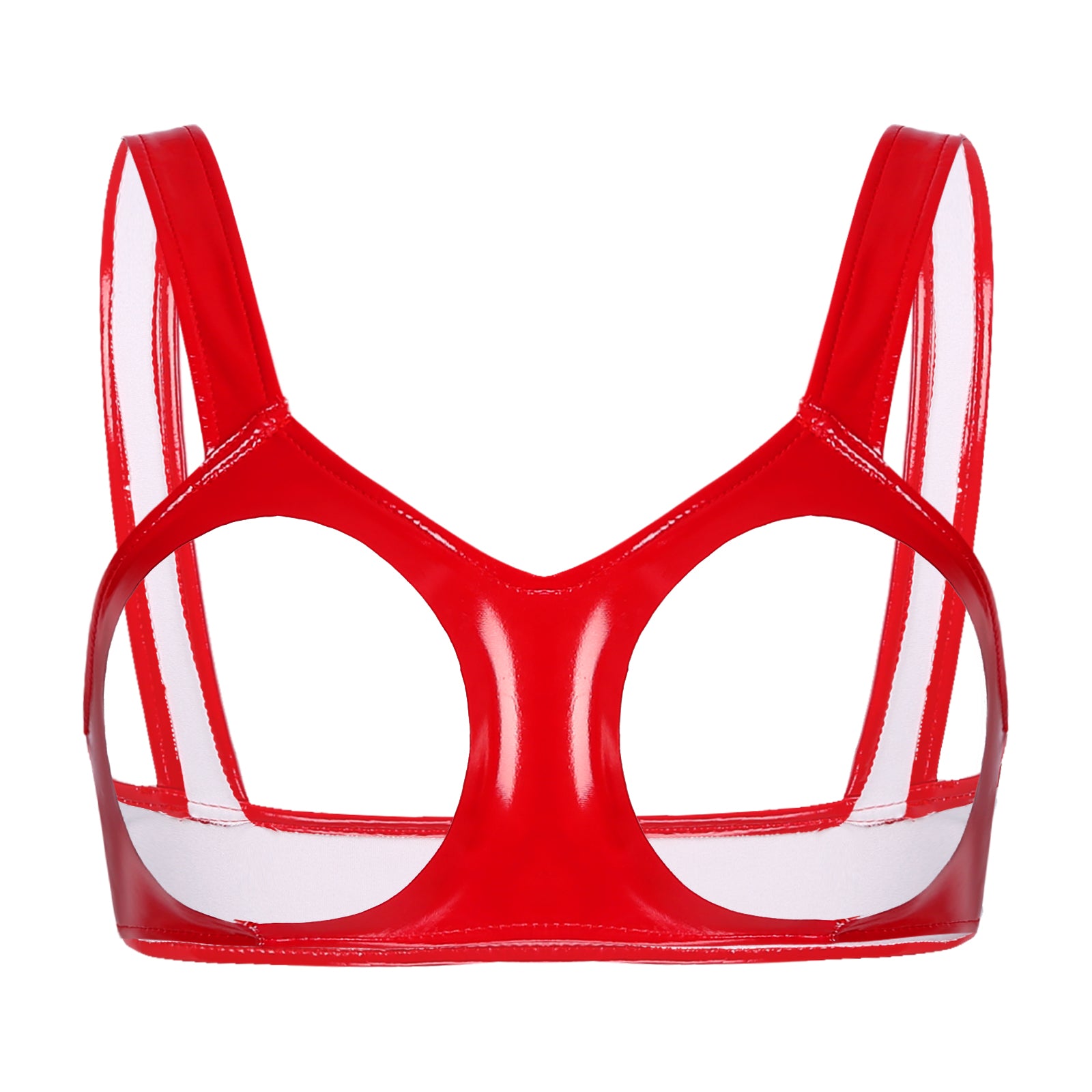 red vinyl harness flat lay with glossy finish and buckle straps – pridevoyageshop.com – gay men’s harness, lingerie and fetish wear