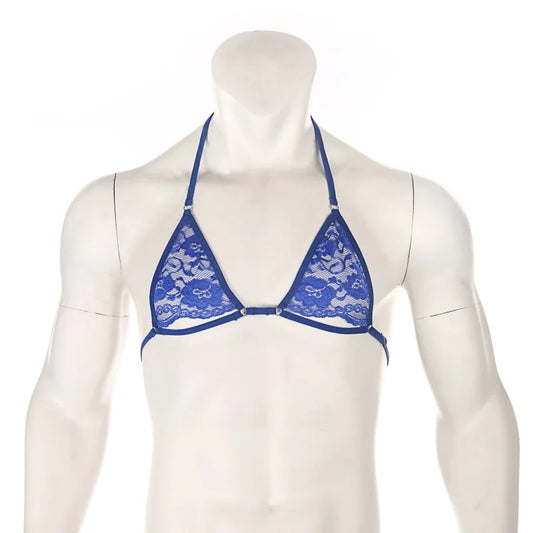sapphire lace floating-band halter bralette flat lay, sheer lace cups and chest strap – pridevoyageshop.com – gay men’s harness, lingerie and fetish wear