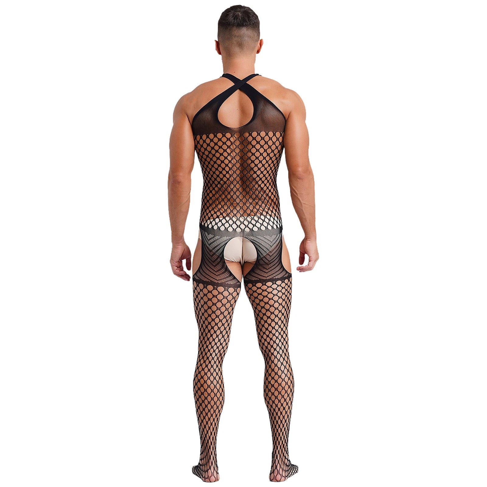 sexy man in black halter fishnet bodystocking, open chest and high-cut fit, defined torso and legs – pridevoyageshop.com – gay men’s harness, lingerie and fetish wear