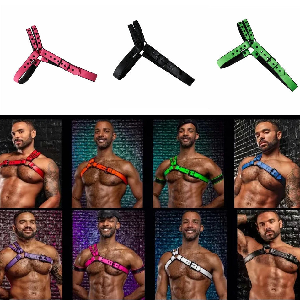 sexy men in Men’s Offset Chest Harness – pridevoyageshop.com – gay men’s harness, lingerie and fetish wear