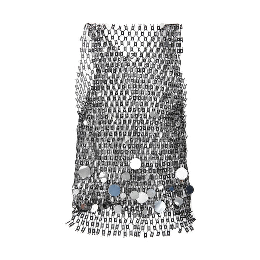 silver coinmail tank flat lay with metal disc mesh and chain drape detailing – pridevoyageshop.com – gay men’s harness, lingerie and fetish wear