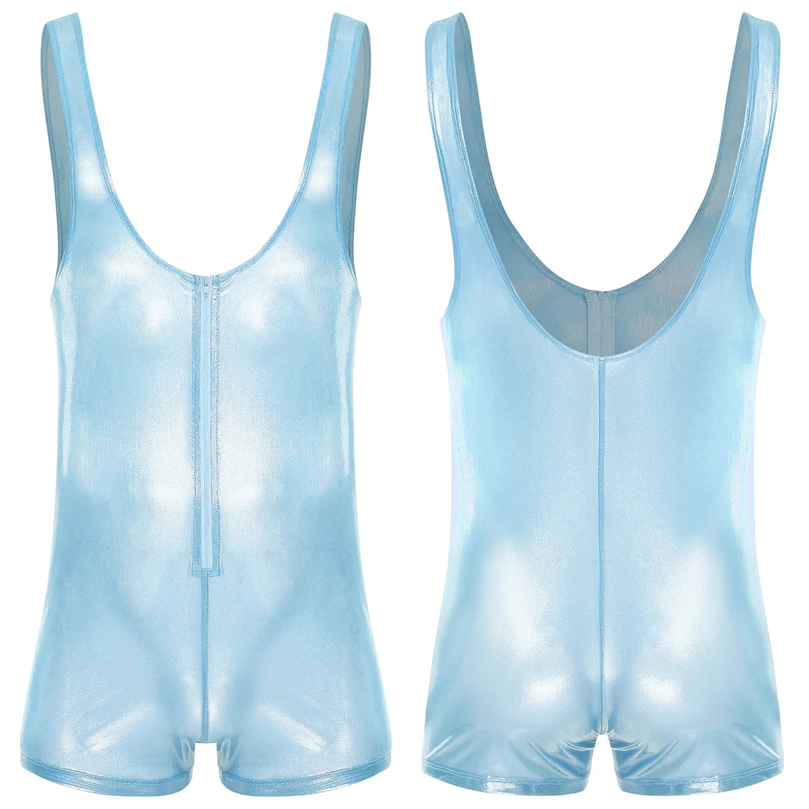 sky blue Gameboi Holo-Zip Singlet flat-lay detail showcasing holographic zipper and high-cut design – pridevoyageshop.com – gay men’s harness, lingerie and fetish wear