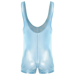 sky blue Gameboi Holo-Zip Singlet flat-lay detail showcasing holographic zipper and high-cut design – pridevoyageshop.com – gay men’s harness, lingerie and fetish wear
