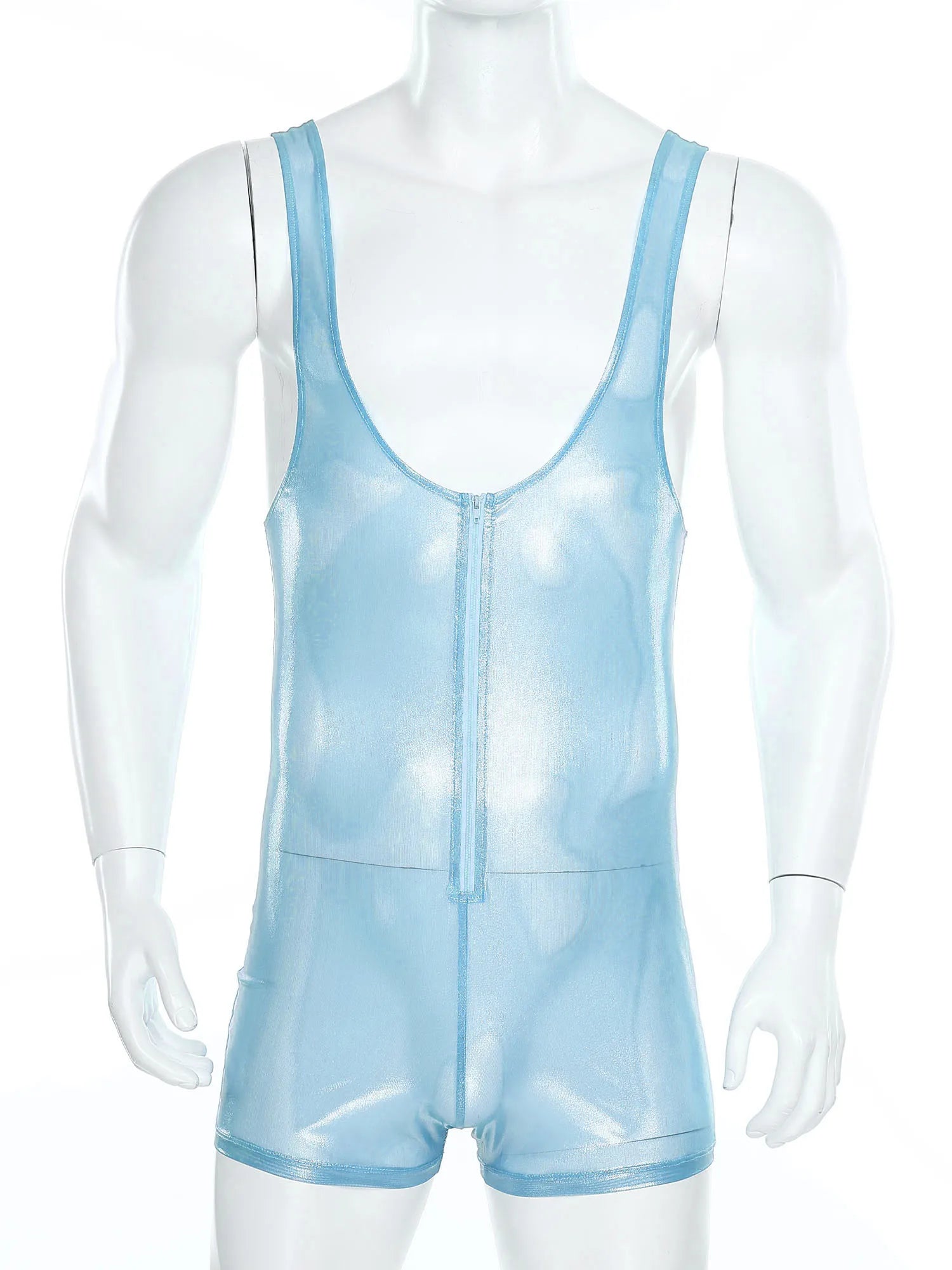sky blue Gameboi Holo-Zip Singlet flat-lay detail showcasing holographic zipper and high-cut design – pridevoyageshop.com – gay men’s harness, lingerie and fetish wear