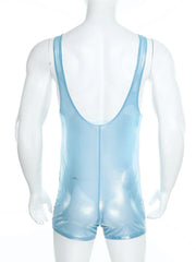sky blue Gameboi Holo-Zip Singlet flat-lay detail showcasing holographic zipper and high-cut design – pridevoyageshop.com – gay men’s harness, lingerie and fetish wear