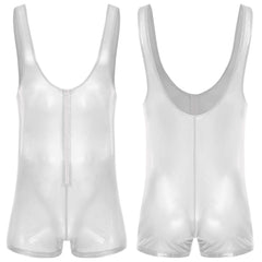 white Gameboi Holo-Zip Singlet flat-lay detail showcasing holographic zipper and high-cut design – pridevoyageshop.com – gay men’s harness, lingerie and fetish wear