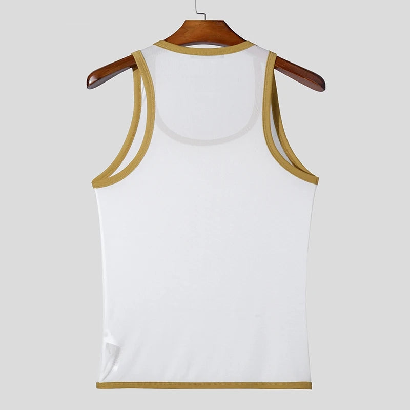 white Gogo Glaze Mesh Top – pridevoyageshopcom – gay mens clubwear mesh tanks crop tops fashion tops partywear activewear