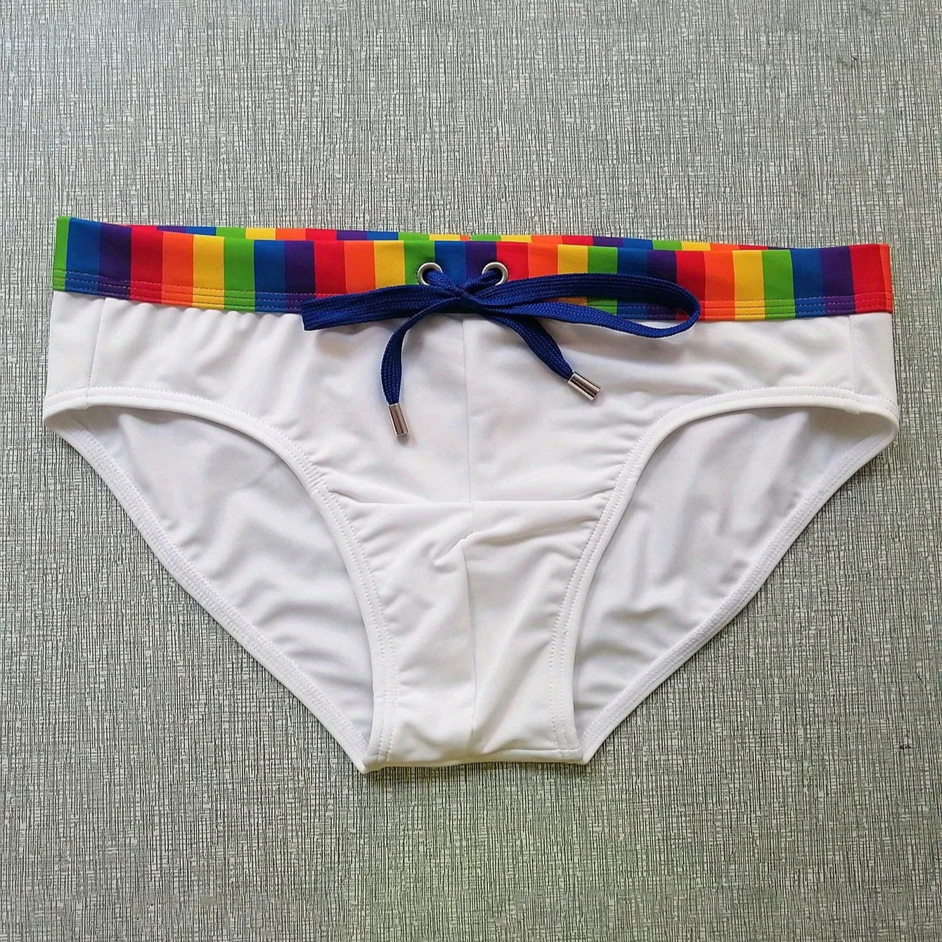 white Men’s Pride Patrol Rainbow Band Swim Briefs - pridevoyageshop.com - gay men’s sexy swim briefs, trunks, board shorts, and bikinis