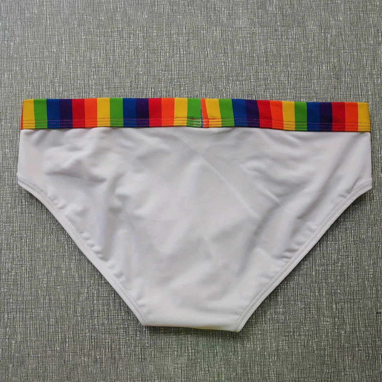 white Men’s Pride Patrol Rainbow Band Swim Briefs - pridevoyageshop.com - gay men’s sexy swim briefs, trunks, board shorts, and bikinis