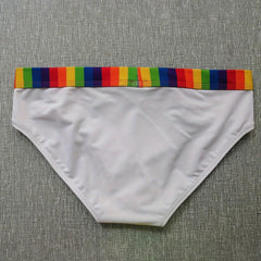 white Men’s Pride Patrol Rainbow Band Swim Briefs - pridevoyageshop.com - gay men’s sexy swim briefs, trunks, board shorts, and bikinis