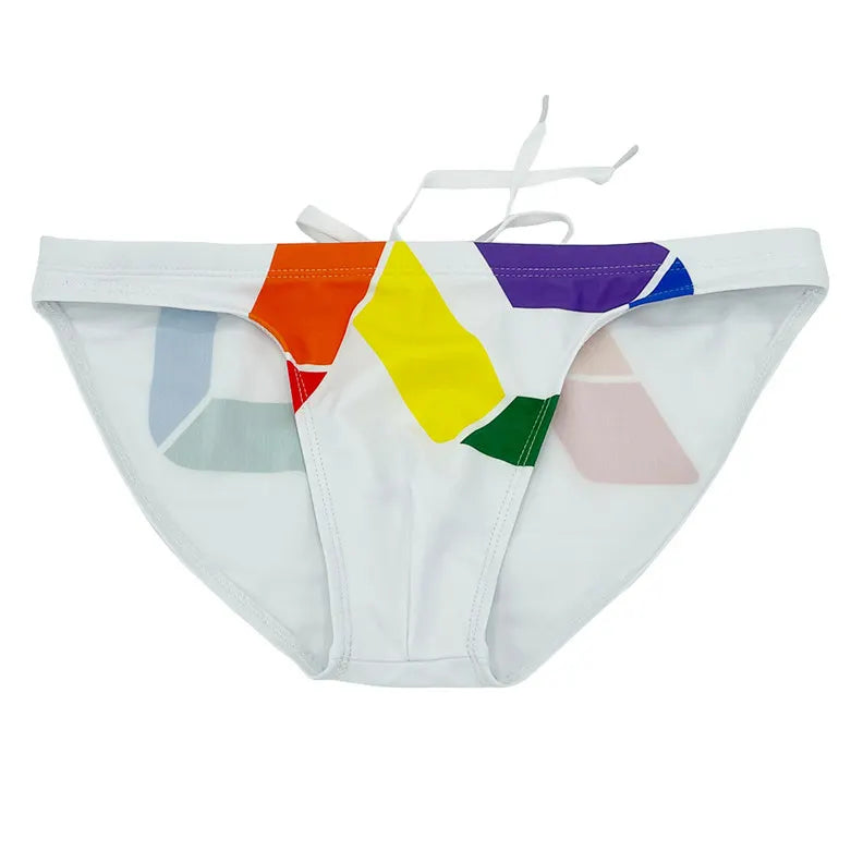 white Men’s Queer Grid Rainbow Pride Swim Briefs - pridevoyageshop.com - gay men’s sexy swim briefs, trunks, board shorts, and bikinis