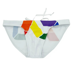 white Men’s Queer Grid Rainbow Pride Swim Briefs - pridevoyageshop.com - gay men’s sexy swim briefs, trunks, board shorts, and bikinis