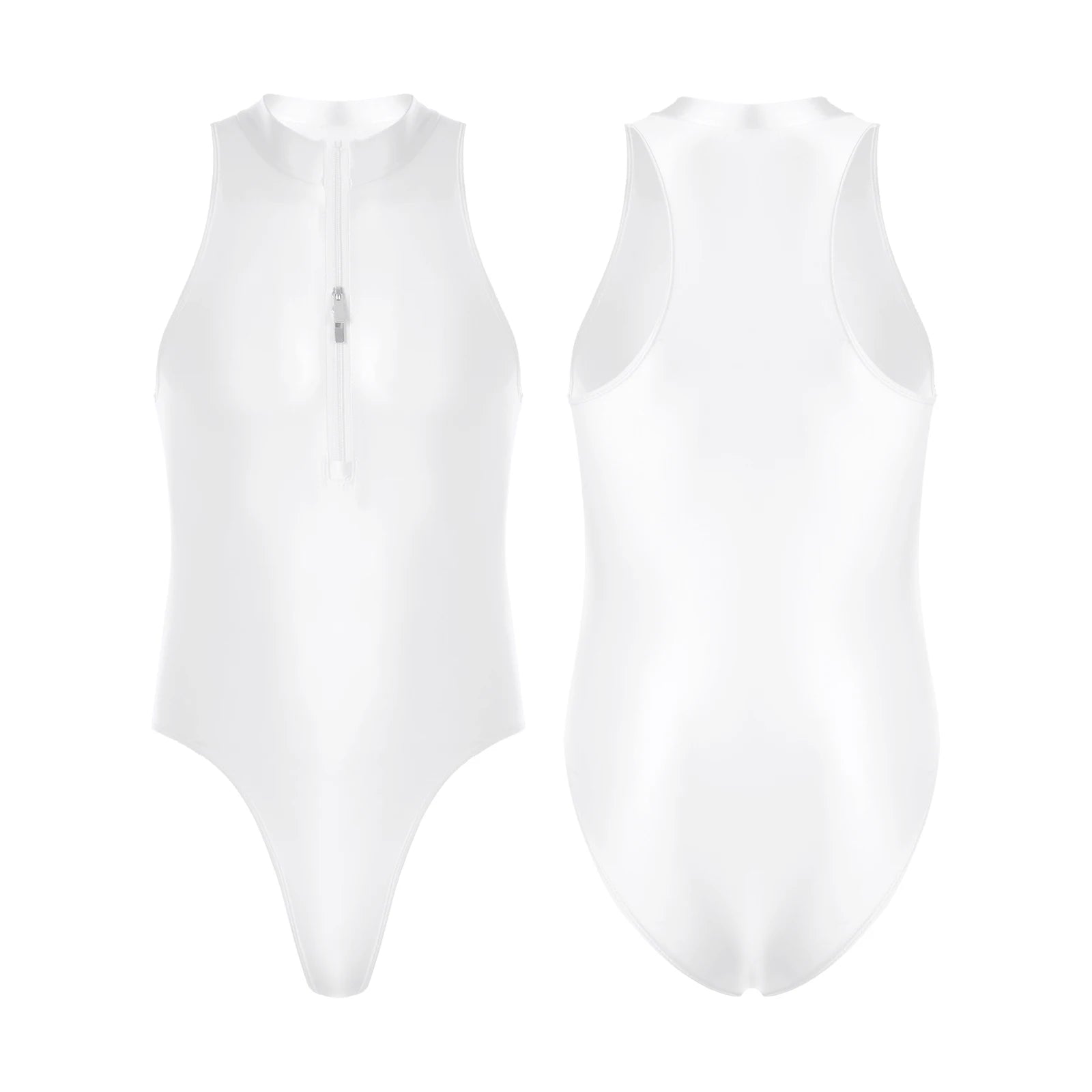 white Riptide Zip Racer Leotard flat-lay with front zipper and sporty contour seams – pridevoyageshop.com – gay men’s harness, lingerie and fetish wear