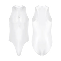 white Riptide Zip Racer Leotard flat-lay with front zipper and sporty contour seams – pridevoyageshop.com – gay men’s harness, lingerie and fetish wear