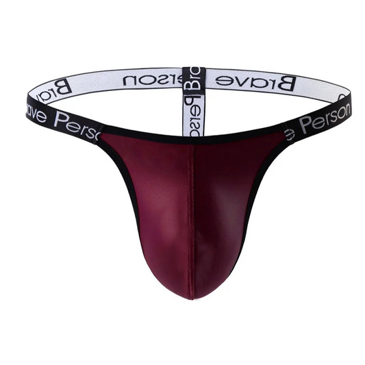 wine red Men’s Folsom Night PU Leather Swim Bikini Thong – pridevoyageshop.com – gay men’s sexy swim briefs, trunks, board shorts, and bikinis