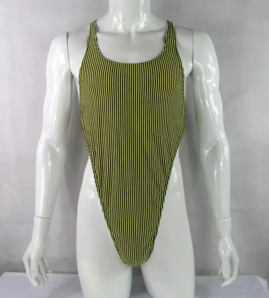 yellow and black stripe thong bodysuit flat lay, sporty cut, high-leg design, sleek stretch fabric – pridevoyageshop.com – gay men’s harness, lingerie and fetish wear
